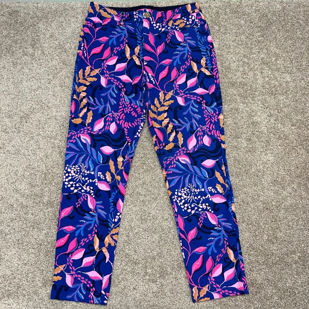 Lilly Pulitzer Kelly Knit Pants Women Size 12 Borealis Blue Absolute Purrfection